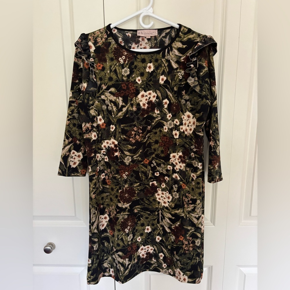 Philosophy Women's small dress Deep Green Floral Ruffle Shoulder Career business